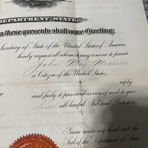 United States Department Of State 1897 Safe Passage Document John Sherman W Seal - Picture 7 of 12