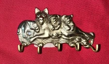 BRASS 5 HOOK WALL KEY RACK FIGURAL ANIMAL DOG WOLF MOM & PUPS