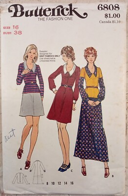 BUTTERICK 6808 VTG 70s Dress & Sweater A-line Semi-fit Mini Midi Maxi 16 UNCUT