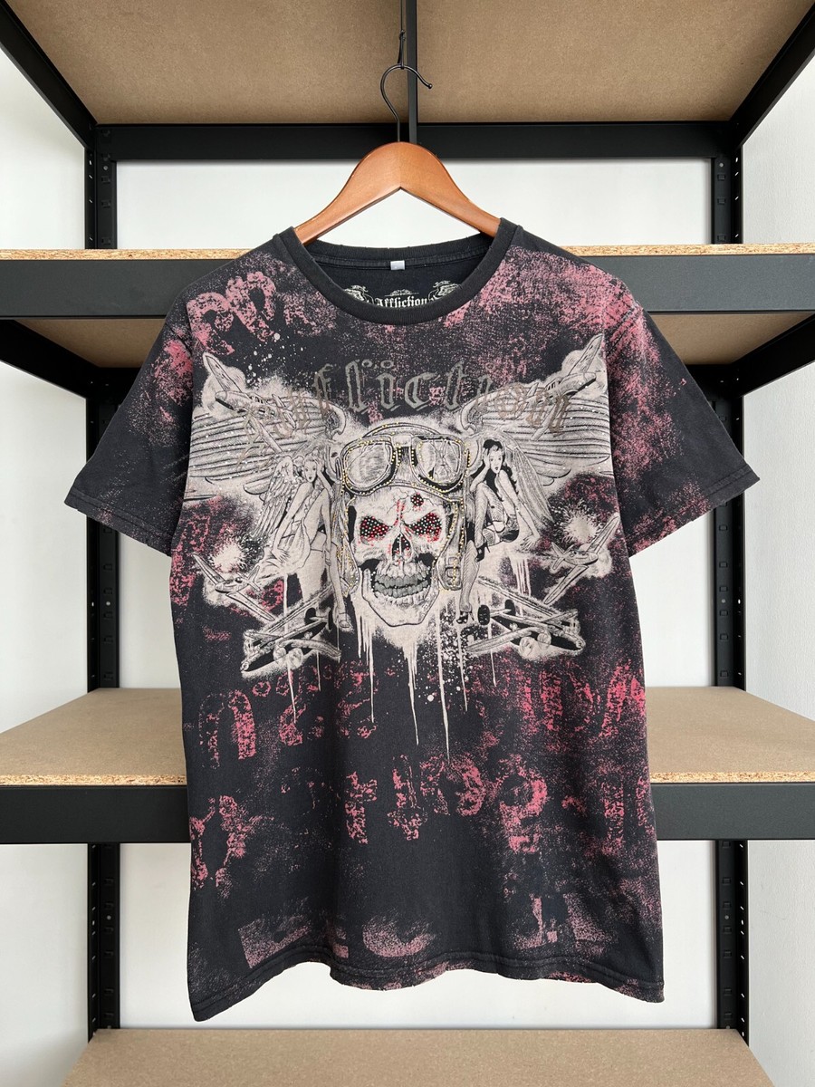 Affliction Skull Plane Angels Y2k Style Black T-shirt Sz L | eBay