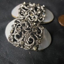 Vintage Signed Musi Shoe Clip Buckles Ornate Scroll w Mother of Pearl Rhinestone