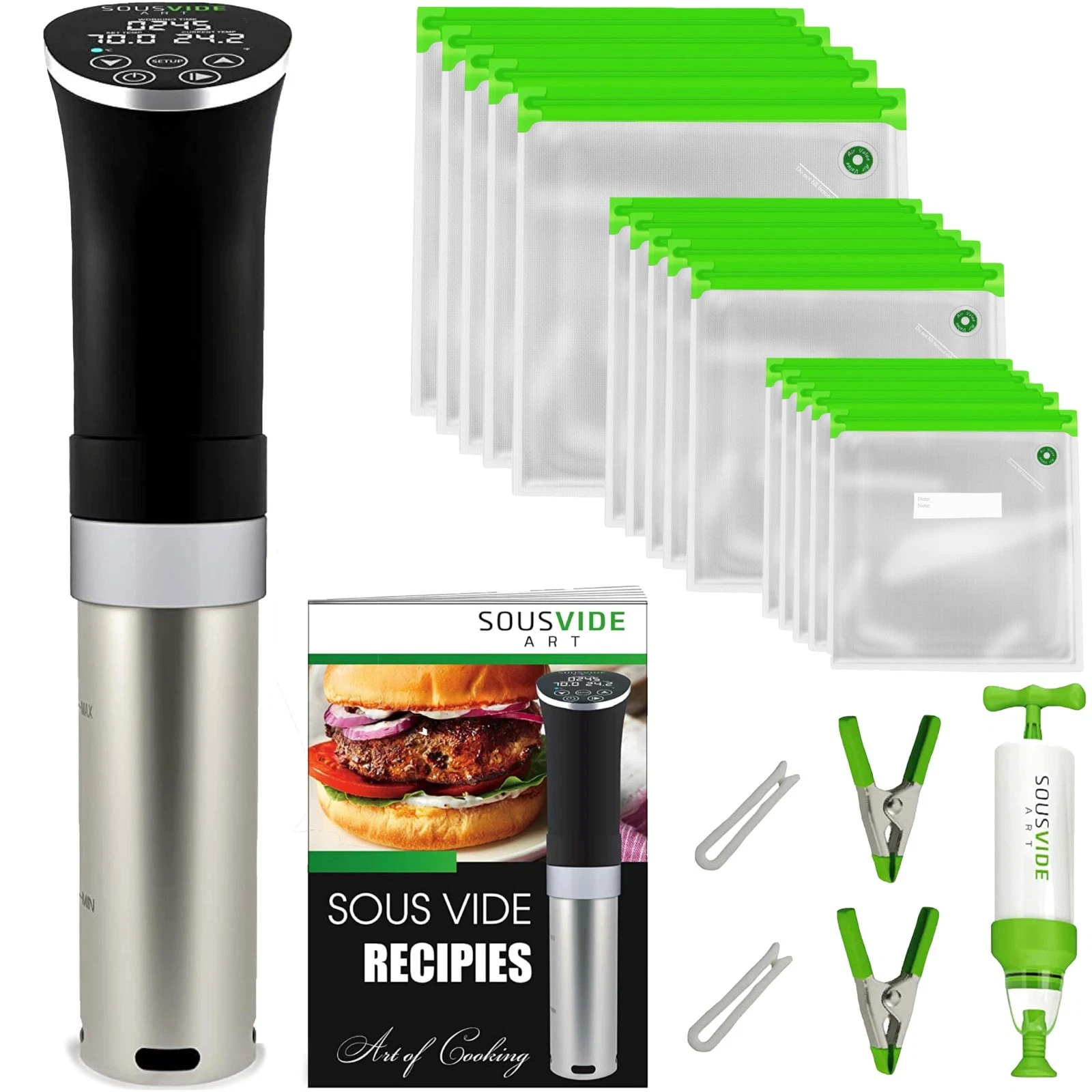 Sous Vide Cooker Kit - 1000W Immersion Circulator - 15 Vacuum Bags, Pump, Dig...