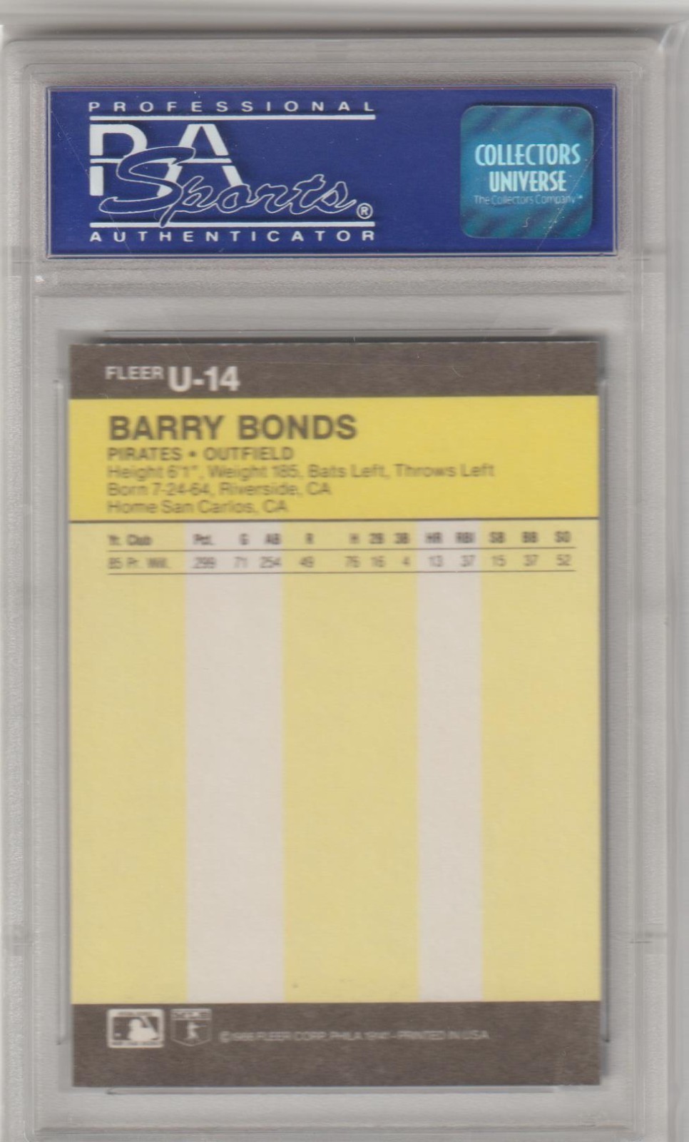 Barry Bonds 1986 Fleer Update Rookie RC PSA 9 #U-14 Pirates Giants view 2
