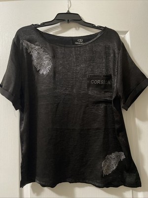 Women s Carolina romana Satin Black Shirt W/ Bling Accents, Corsica, Size XXL Eu