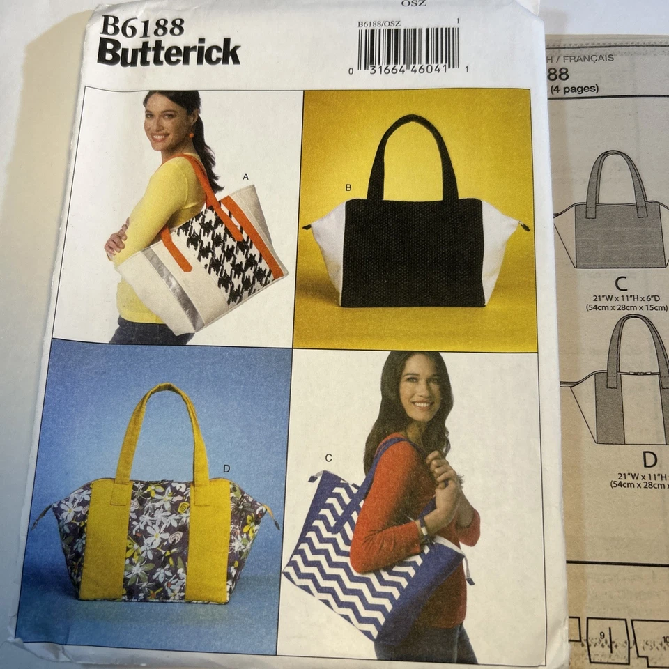 Butterick B6188 4 variations totes market bags snap or zipper closure NIP UNCUT - Image 2 of 4