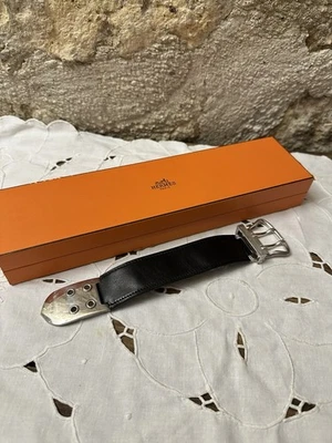 Hermès Bracelet Manchette Cuir Noir & Argent Vintage Unisexe + Boîte - Photo 1/4