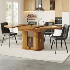 Extendable Dining Table & Chairs Set 118-158 cm Walnut Look Table w/ Glass Doors