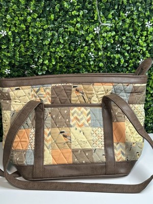 Donna Sharp Quilted Patchwork Bird Print Shoulder Tote Bag Purse Brown