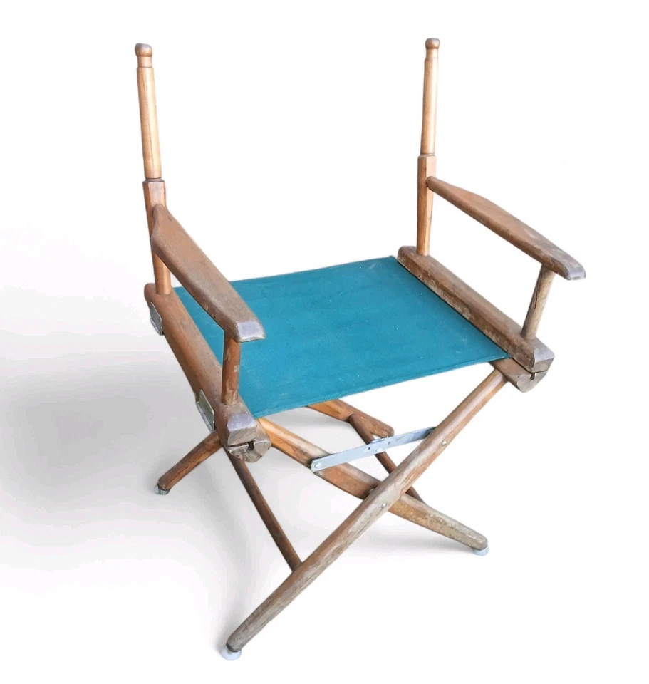 Silla de madera de directores Mid-Century de colección The Telescope asiento de lona verde original Foto 2 de 4