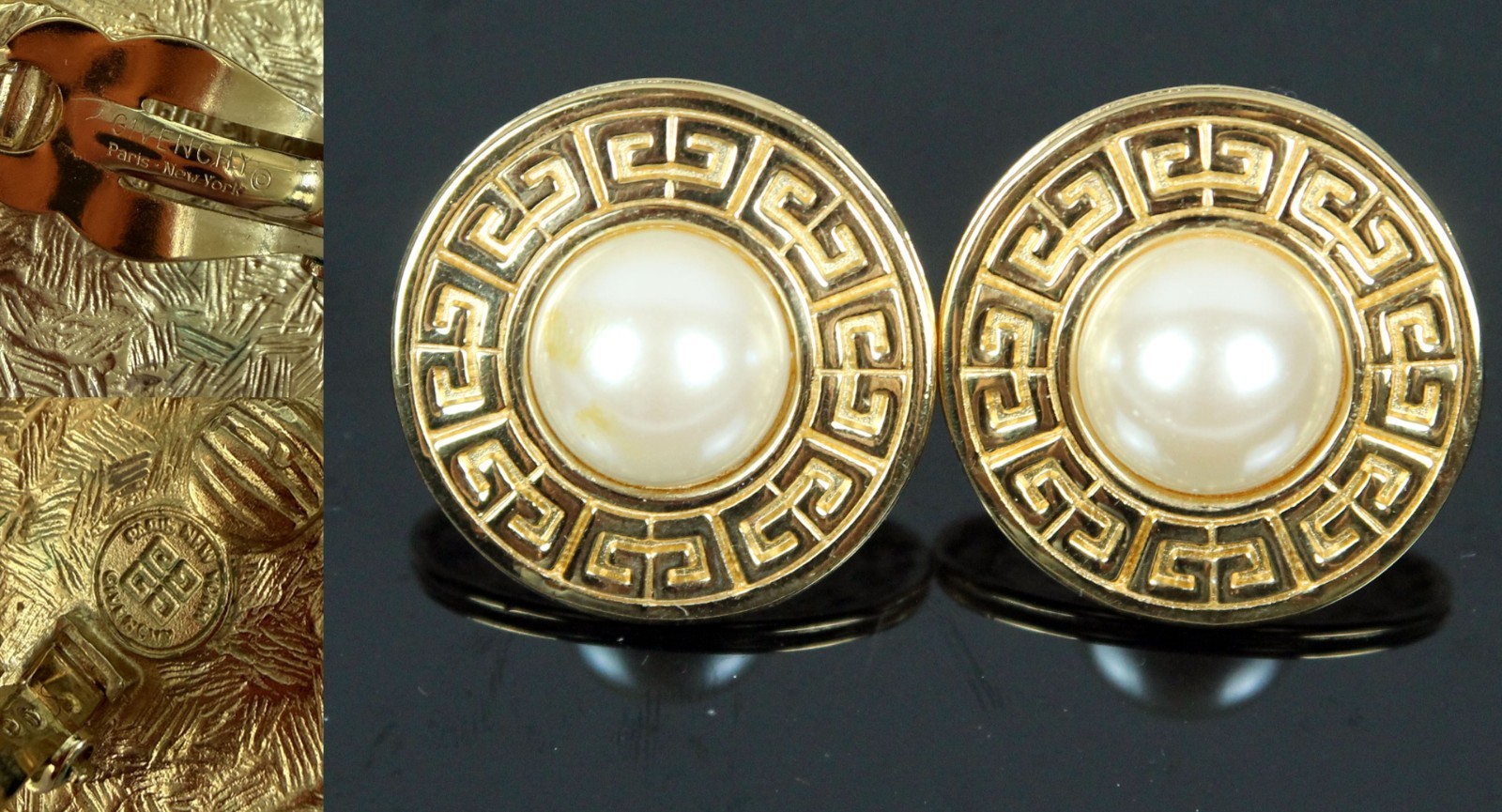 Vtg GIVENCHY Paris NY Signed Round Large Gold Tone Faux Pearl Clip-On Earrings