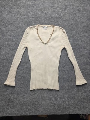 Cache Womens Ribbed Sweater Shirt Beige Size Small Long Sleeves Decorative Beads