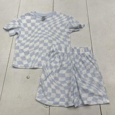 Saint Eve Kids Pajama Set Youth 7/8 Blue White Checkered Thermal Top Shorts