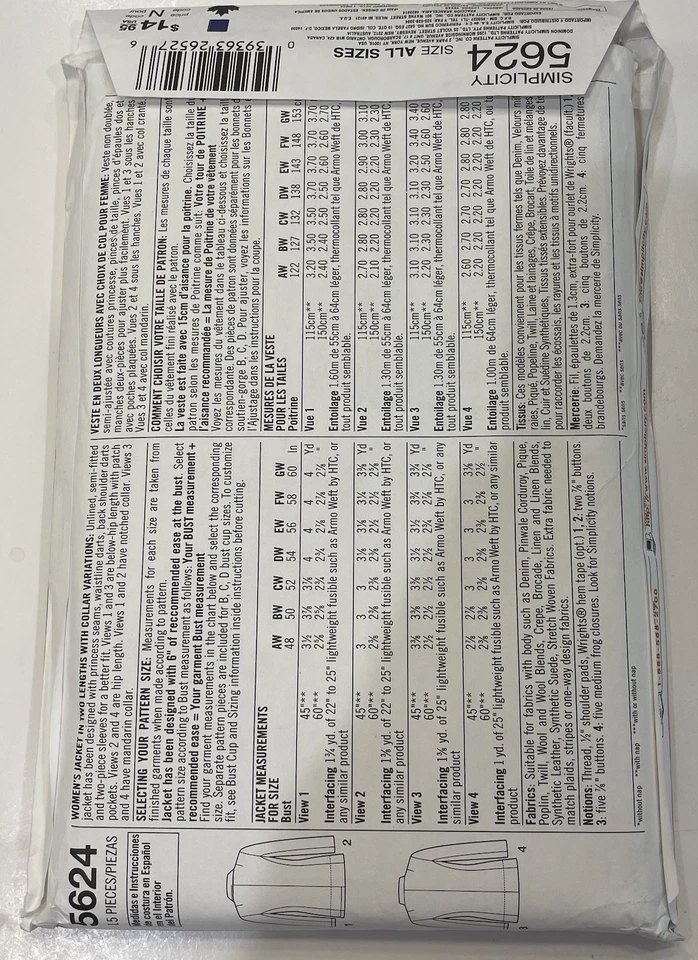 Simplicity 5624 Sewing Pattern Misses Jacket Bust Sz 48 50 52 54 56 58 60 Uncut - Image 2 of 2