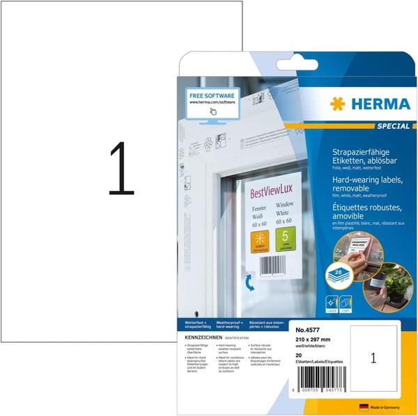 Herma 4577 Wetterfeste Folienetiketten AblöSbar, 20 Blatt, 210 X 297 Mm, 1 Pro A-image