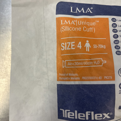 LMA (Silicone Cuff) Laryngeal Mask SIZE 4 50-70kg REF 105300-000040 EXP: 6/18/25
