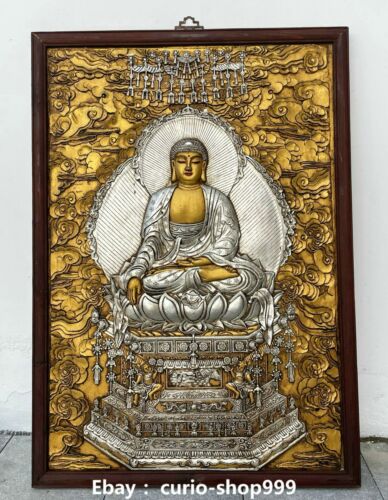 41.3" Old Tibet Wood Lacquerware Gilt Silver Shakyamuni Sakyamuni Buddha Statue