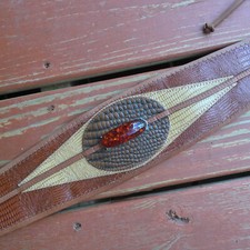 WOMEN'S EXOTIC WIDE MULTI BROWN GENUINE LEATHER BELT FAUX AMBER CENTER ADJUSTS