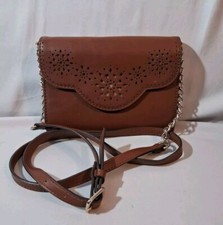 Nine West Wallet Card Crossbody Clutch Brown Faux Leather Cutout Design on Flap