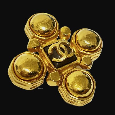 CHANEL Brooch Pin AUTH Coco Vintage Gold Black Color Cross kenkenjp medal rare