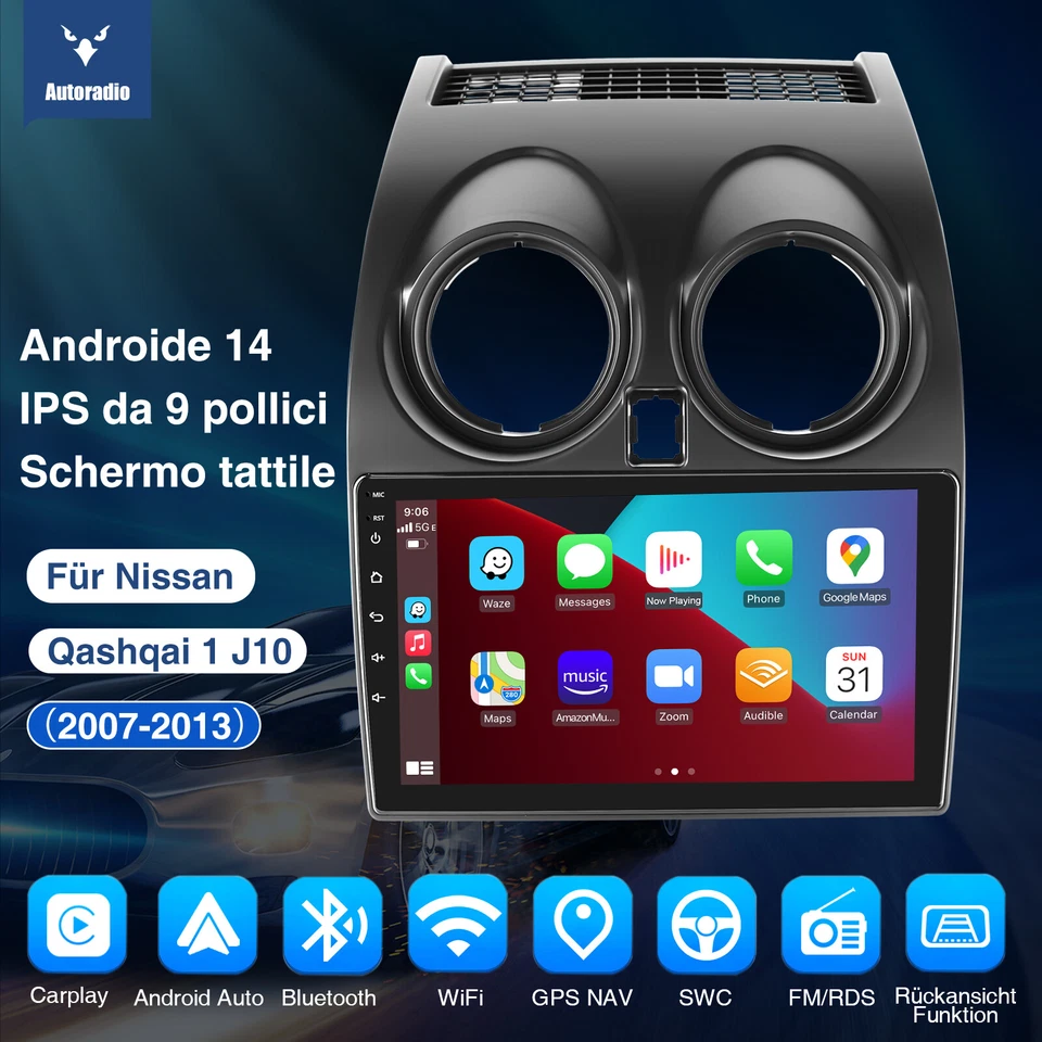 Android14 Autoradio Carplay Per Nissan Qashqai J10 2007-2013 GPS Navi WIFI BT FM - Immagine 2 di 4