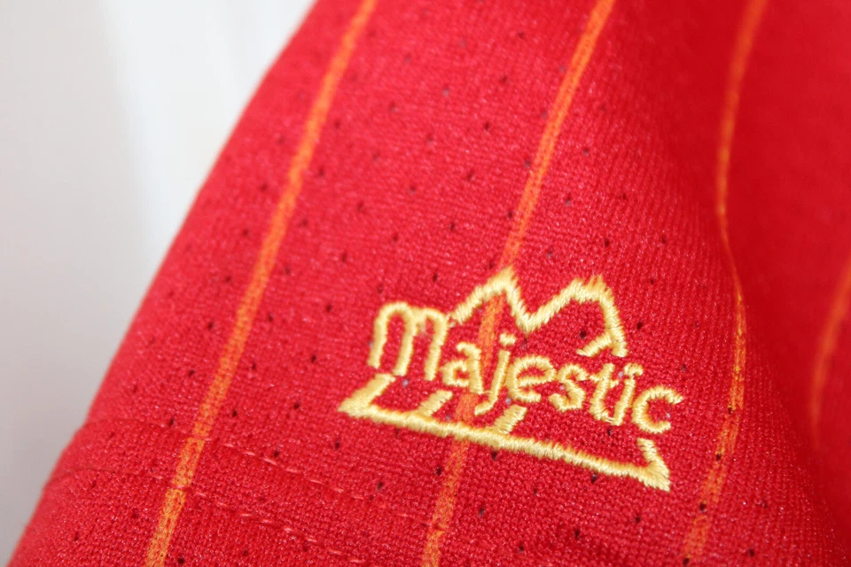 MAJESTIC Atlanta Braves Jersey Men's XL Red Striped Sewn Pin Stripe 90s READ - Image 4 of 4