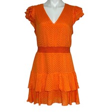 ALICE+OLIVIA Markita Tiered Ruffle Mini Dress Women 12 Bright Orange V-Neck Zip