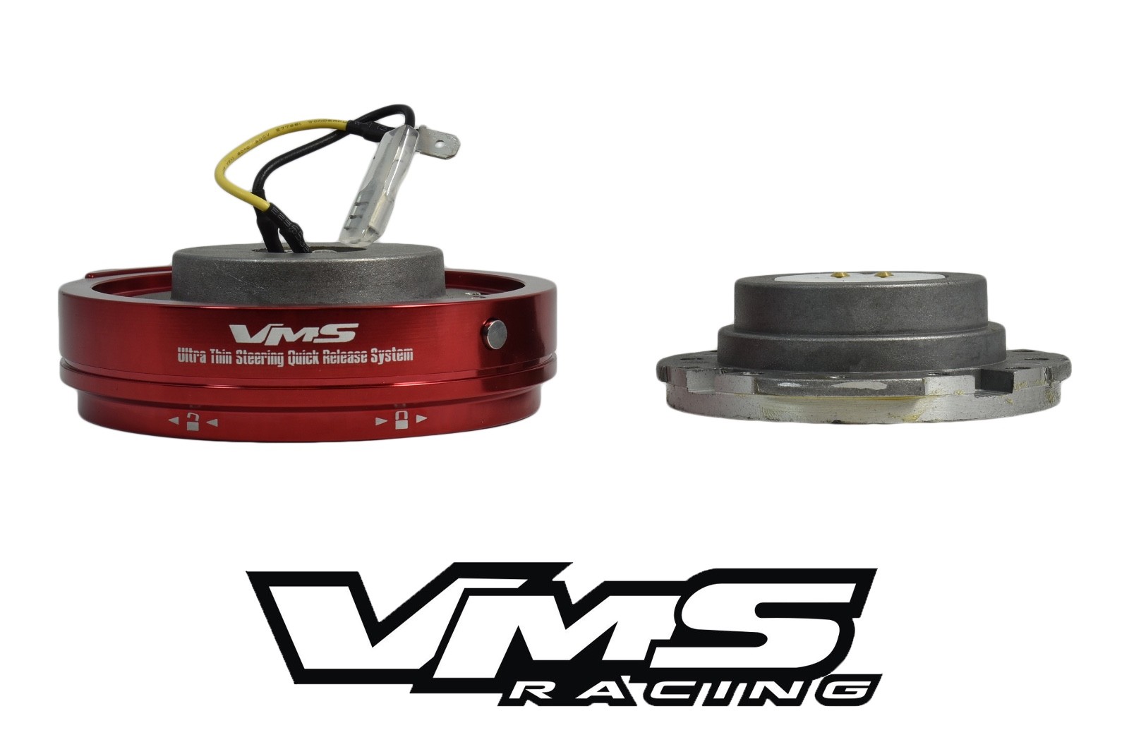 VMS RACING RED LEATHER 350MM STEERING WHEEL + QUICK RELEASE FOR