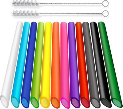 12 PCS Reusable Boba Straws Long Wide Colored Plastic with 2 Cleaning Brush
