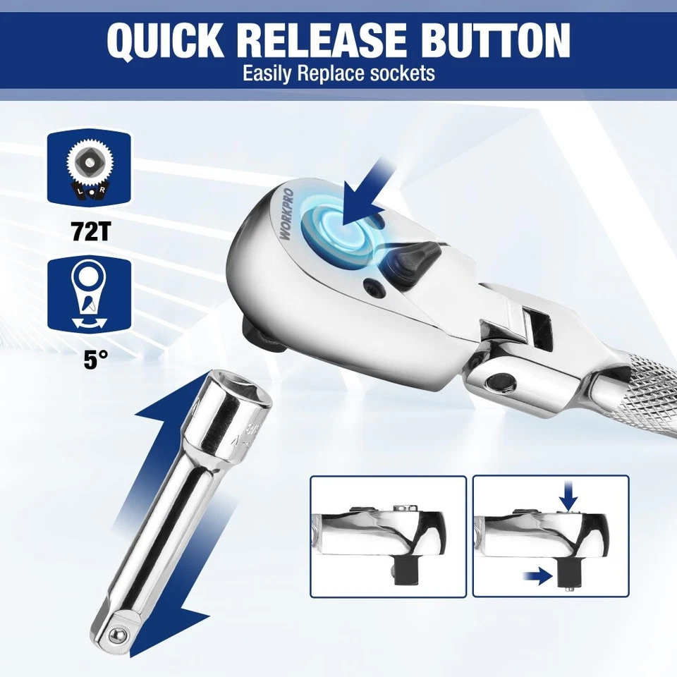 WORKPRO Flex Head Stubby Ratchet Bit Driver Set 16PC 1/4" 3/8" Dr Ratchet Handle - Image 4 of 4