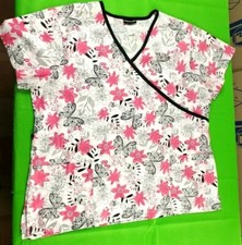 Scrub Studio white  pink butterfly floral print women's scrub top size XL