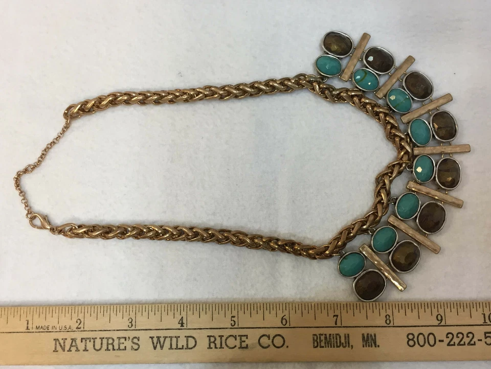 Collar y Pulsera Pomina Turquesa Como y Cuentas de Madera Azul Marrón Tono Dorado  Foto 2 de 3