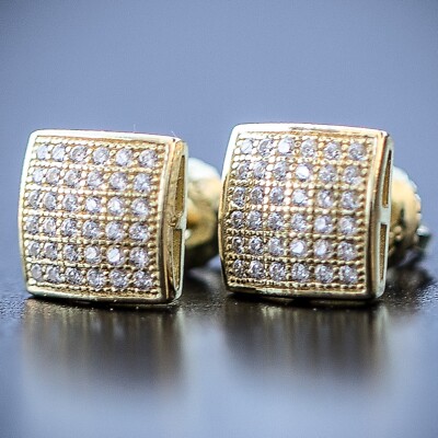 Men's Square 14K Yellow Gold 925 Sterling Silver Cz Screw Back Stud Earrings