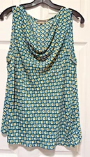 PLEIONE top shirt blouse XL 18 Bust 44 Length 27 Blue Multicolor Geometric Cowl