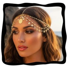 Boho Head Chain Shell Headpiece Layered Rhinestone Forehead One Size Gold
