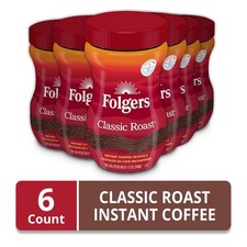 Folgers Classic Roast Instant Coffee, 12 Oz. Jar Pack of 6