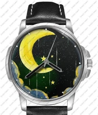 Romantic Yellow Moon N Star Art Beautiful Stylish Unisex Wrist Watch UK Seller