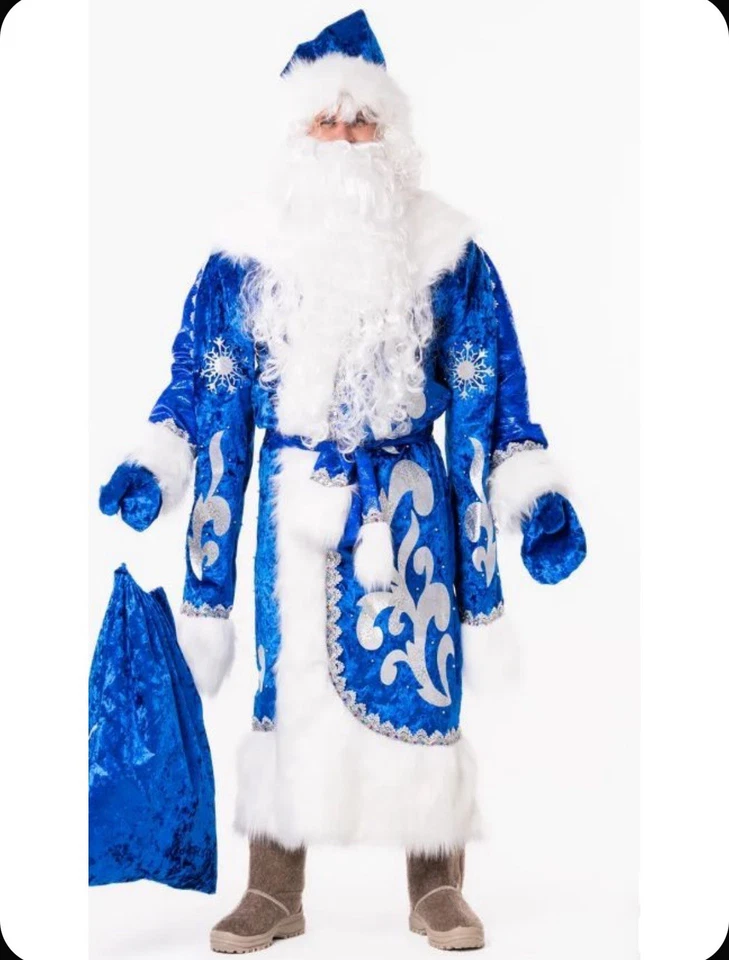 Disfraz Ded Moroz de lujo traje azul de Papá Noel, túnica larga Padre Frost. Santa Foto 2 de 4