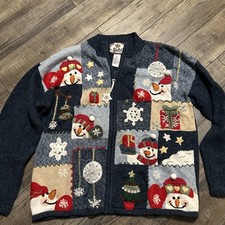 Tiara Women Sweater sz M Blue Tight Knit Zip Holiday Embroidered Vintage Snowmen