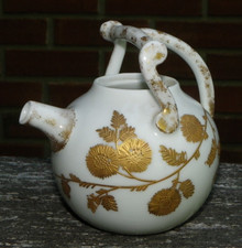 4" Antique Mini Teapot-J Pouyat Limoges-White w/ Raised Gold Flowers Leaves