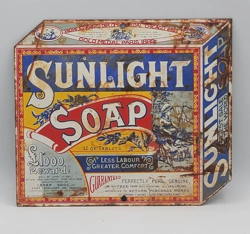 Vintage Distressed Sunlight Soap Porcelain Enameled Metal Sign