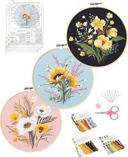 3 Pack Flower Embroidery Kit for Beginners Adults Cross Stitch Needlepoint Ki...