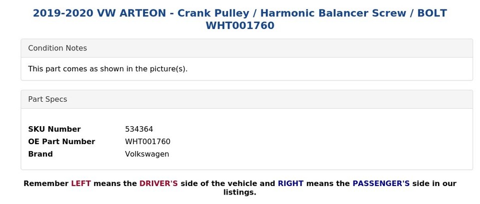 2019-2020 VW ARTEON - Crank Pulley / Harmonic Balancer Screw / BOLT ...