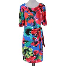 Tahari Dress Womens 10 Blue Pink Floral Stretch Knit Back Zip Lined Faux Wrap