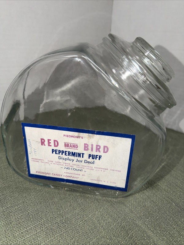 Vintage Red Bird Brand Peppermint Puff Glass Display Jar With Glass Lid