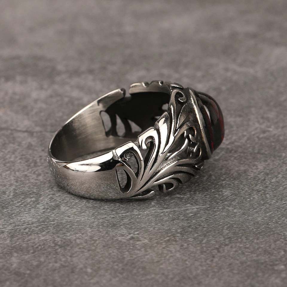 Anel de granada oval de flor de íris vintage aço inoxidável retrô casamento motociclista anel - Imagem 3 de 4