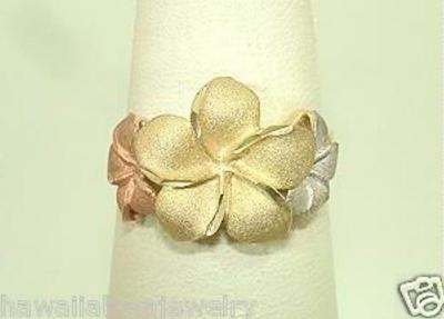 13MM-9MM GRADUIERT 14K TRICOLOR GOLD DIAMANTSCHLIFF DC MATTIERT PLUMERIA BLUMEN RING
