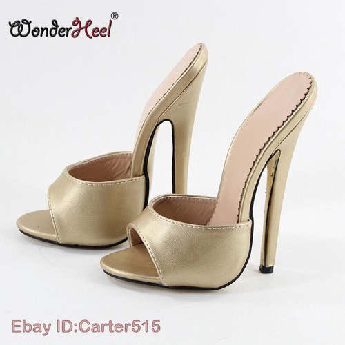 Sandali da donna tacco a stiletto 18 cm pelle opaca fetish slip on tacco alto punta aperta - Foto 4 di 32
