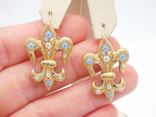 ANTIQUE GOLD FILLED ENAMEL FIGURAL FLEUR DE LIS FORGET ME NOT FLOWER EARRINGS - Picture 2 of 9