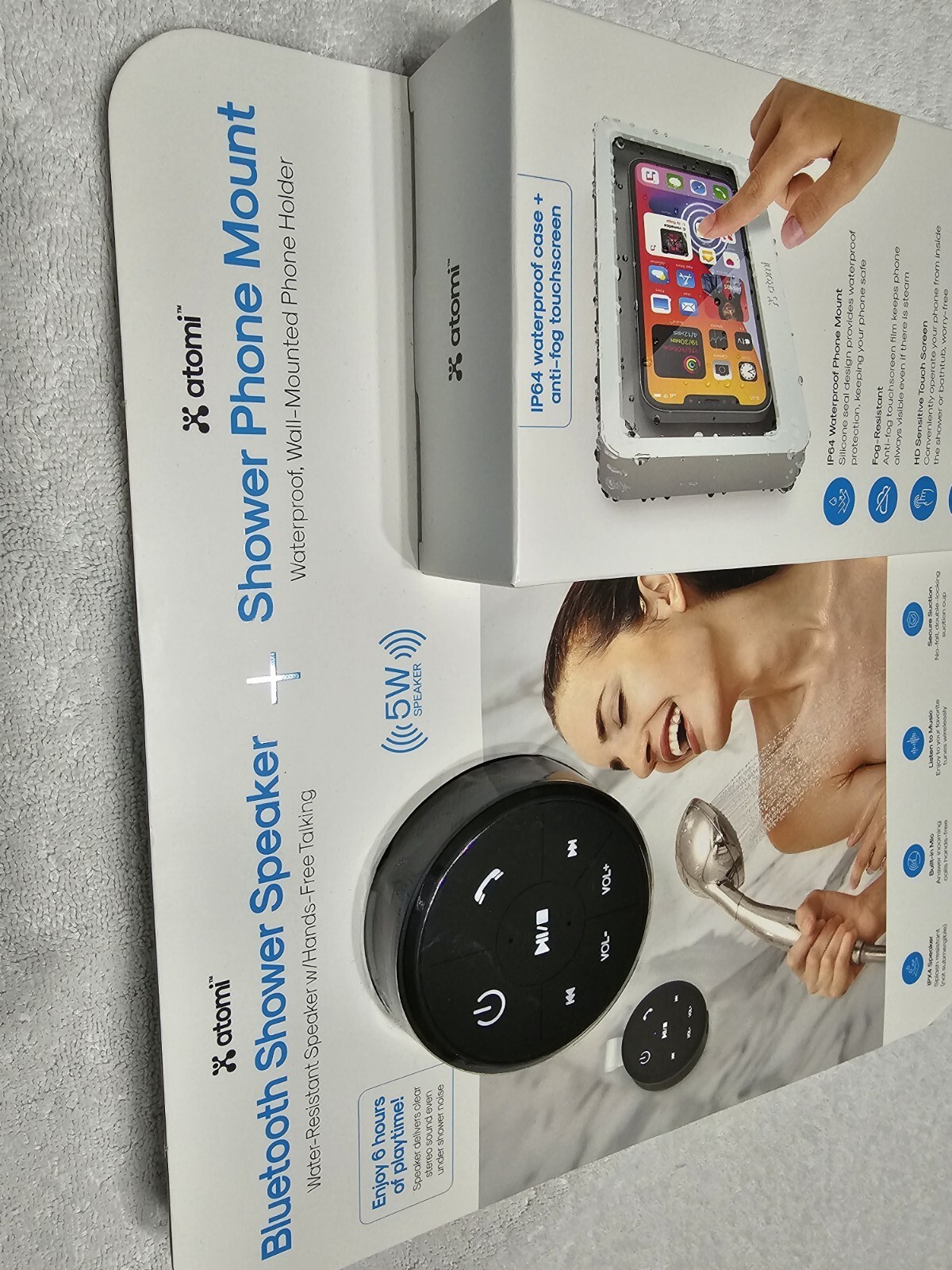 NIB 5W Atomi Bluetooth Shower Speaker Wall Phone Mount, Combo AT1651