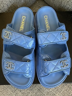 Size 37EU NEW CHANEL 24P Blue Lambskin DAD SLIDE sandals G45507 w